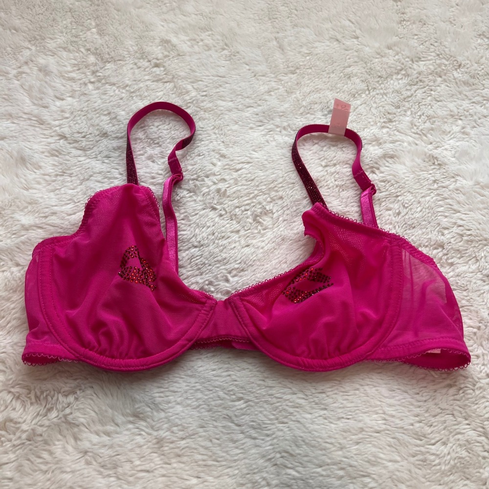 Victoria's Secret Very Sexy Unlined Demi Bra Hot Pink Rhinestone Lips 32C NEW